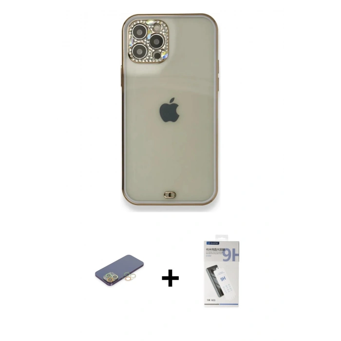 MARSİLYAN™- iPhone 12 Pro Kılıf Eksen Minimal Koleksiyonu - Şeffaf Uv Polymer Nano Ekran Koruyucu + Sarı Renkli Kamera Lens Koruma Cam