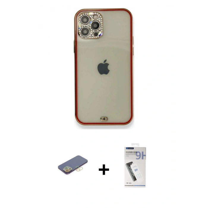 MARSİLYAN™- iPhone 12 Pro Kılıf Eksen Minimal Koleksiyonu - Şeffaf Uv Polymer Nano Ekran Koruyucu + Sarı Renkli Kamera Lens Koruma Cam