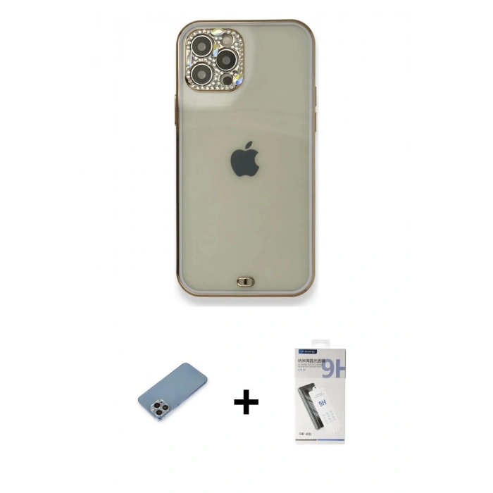 MARSİLYAN™- iPhone 12 Pro Kılıf Eksen Minimal Koleksiyonu - Şeffaf Uv Polymer Nano Ekran Koruyucu + Shine Kamera Lens Koruma Cam - GI