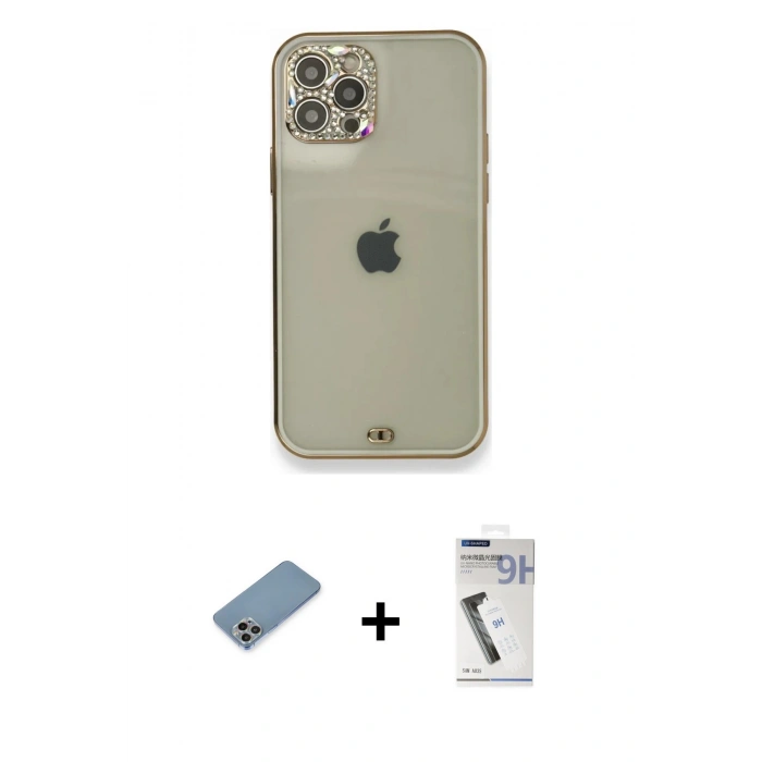 MARSİLYAN™- iPhone 12 Pro Kılıf Eksen Minimal Koleksiyonu - Şeffaf Uv Polymer Nano Ekran Koruyucu + Shine Kamera Lens Koruma Cam - GI