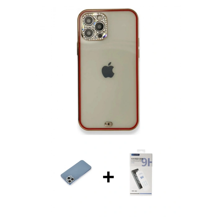 MARSİLYAN™- iPhone 12 Pro Kılıf Eksen Minimal Koleksiyonu - Şeffaf Uv Polymer Nano Ekran Koruyucu + Shine Kamera Lens Koruma Cam - GS