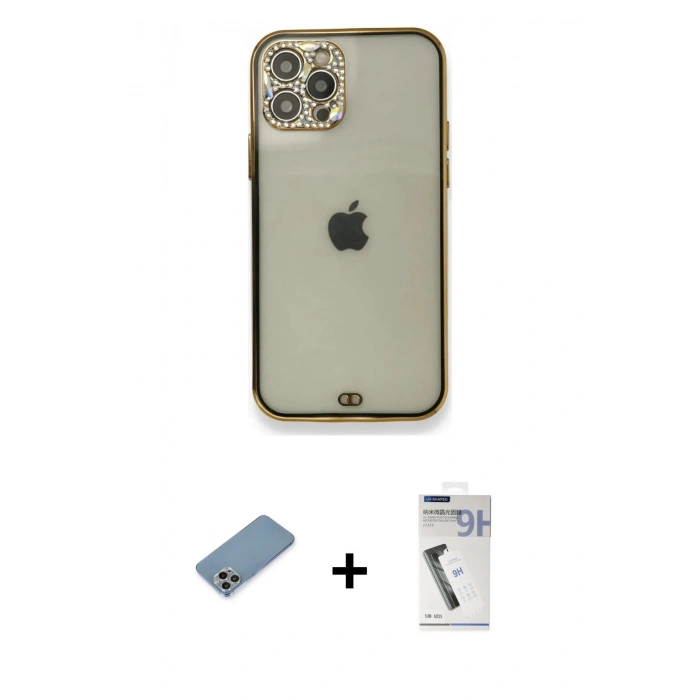 MARSİLYAN™- iPhone 12 Pro Kılıf Eksen Minimal Koleksiyonu - Şeffaf Uv Polymer Nano Ekran Koruyucu + Shine Kamera Lens Koruma Cam - GI
