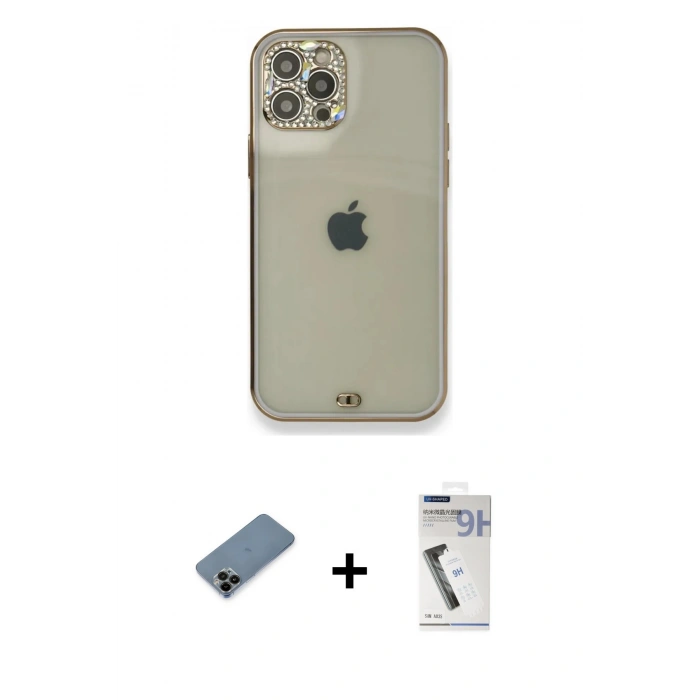 MARSİLYAN™- iPhone 12 Pro Kılıf Eksen Minimal Koleksiyonu - Şeffaf Uv Polymer Nano Ekran Koruyucu + Shine Kamera Lens Koruma Cam - SH