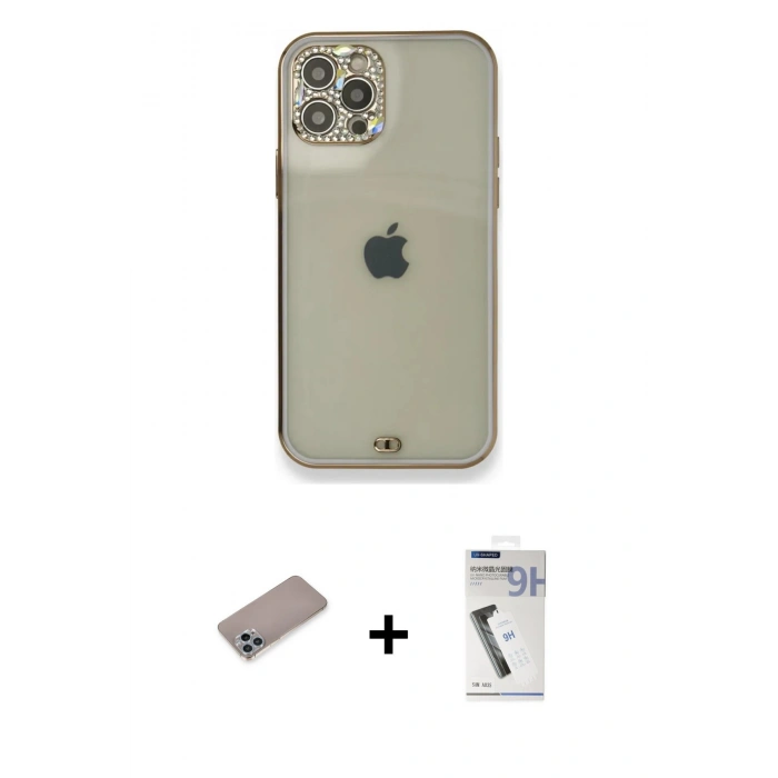 MARSİLYAN™- iPhone 12 Pro Kılıf Eksen Minimal Koleksiyonu - Şeffaf Uv Polymer Nano Ekran Koruyucu + Shine Kamera Lens Koruma Cam - SABE