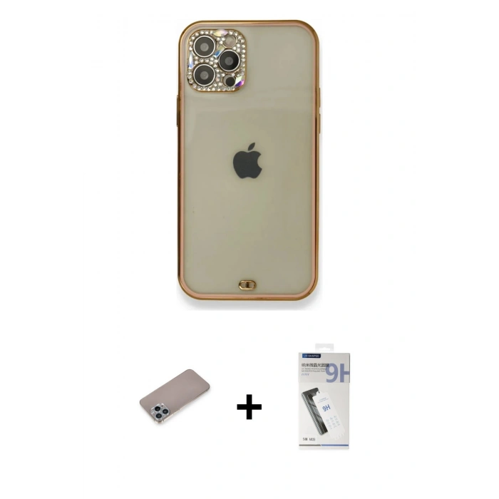 MARSİLYAN™- iPhone 12 Pro Kılıf Eksen Minimal Koleksiyonu - Şeffaf Uv Polymer Nano Ekran Koruyucu + Shine Kamera Lens Koruma Cam - SABE