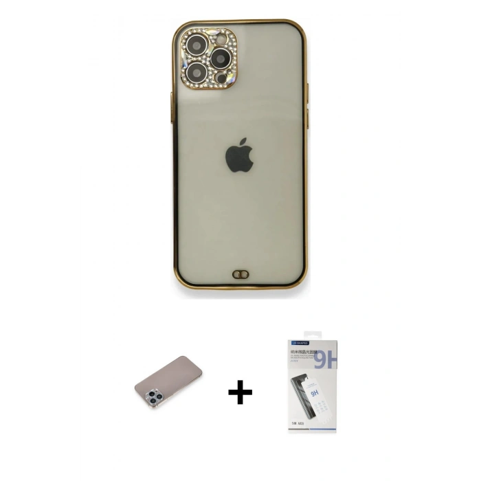 MARSİLYAN™- iPhone 12 Pro Kılıf Eksen Minimal Koleksiyonu - Şeffaf Uv Polymer Nano Ekran Koruyucu + Shine Kamera Lens Koruma Cam - SABE