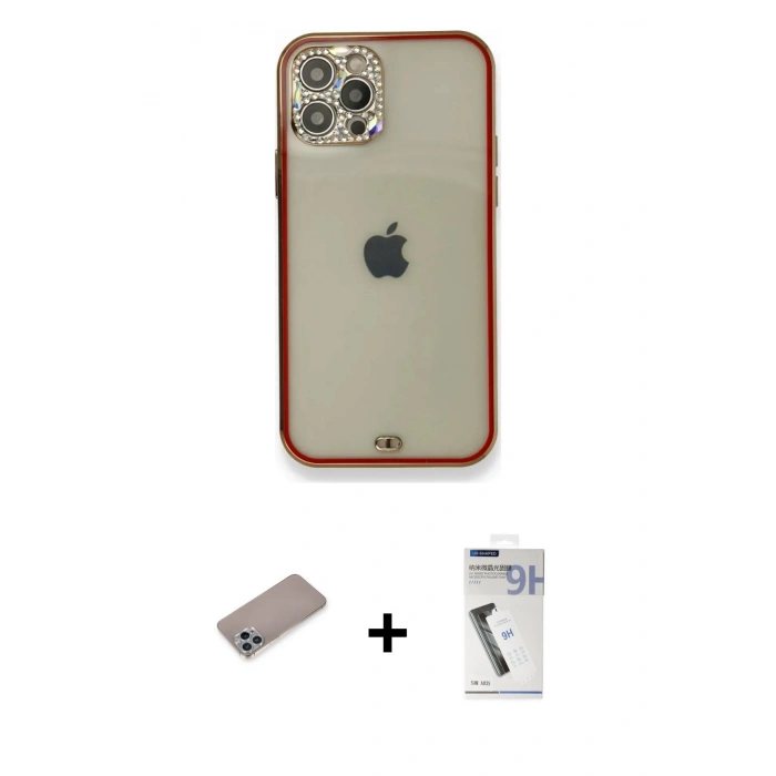 MARSİLYAN™- iPhone 12 Pro Kılıf Eksen Minimal Koleksiyonu - Şeffaf Uv Polymer Nano Ekran Koruyucu + Shine Kamera Lens Koruma Cam - SABE