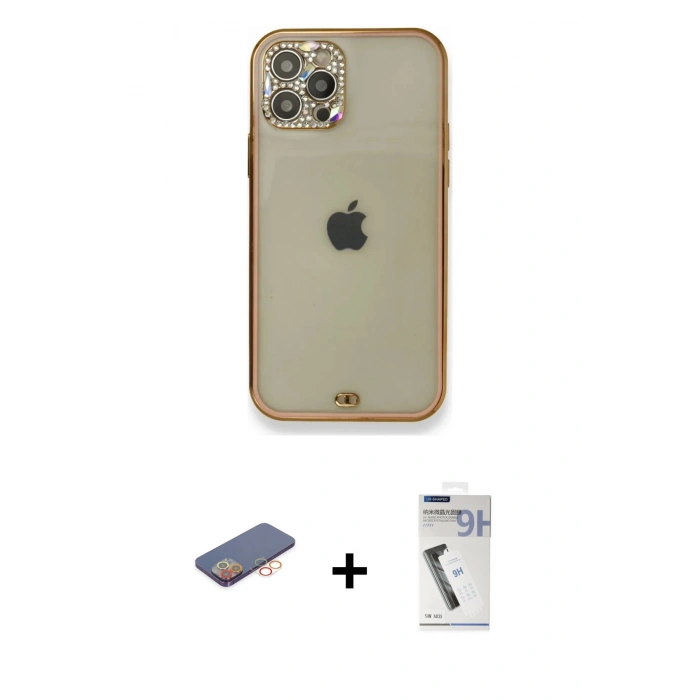 MARSİLYAN™- iPhone 12 Pro Kılıf Eksen Minimal Koleksiyonu - Şeffaf Uv Polymer Nano Ekran Koruyucu + Renkli Kamera Lens Koruma Cam - TU