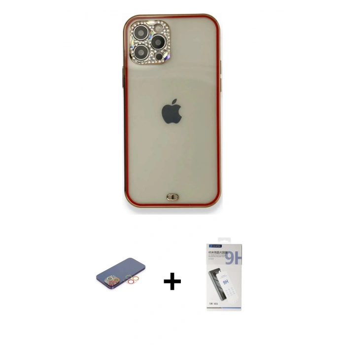MARSİLYAN™- iPhone 12 Pro Kılıf Eksen Minimal Koleksiyonu - Şeffaf Uv Polymer Nano Ekran Koruyucu + Renkli Kamera Lens Koruma Cam - TU