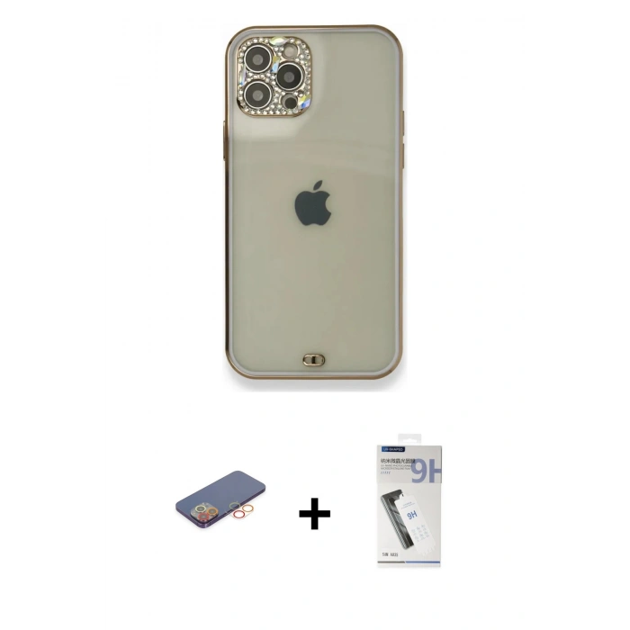 MARSİLYAN™- iPhone 12 Pro Kılıf Eksen Minimal Koleksiyonu - Şeffaf Uv Polymer Nano Ekran Koruyucu + Renkli Kamera Lens Koruma Cam - TU