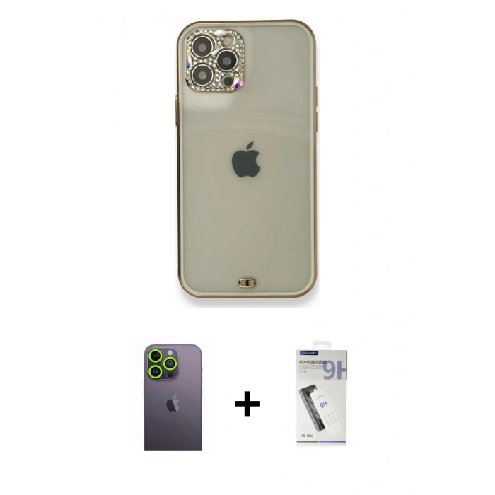 MARSİLYAN™- iPhone 12 Pro Kılıf Eksen Minimal Koleksiyonu - Şeffaf Uv Polymer Nano Ekran Koruyucu + Neon Fosforlu Kamera Lens - YL