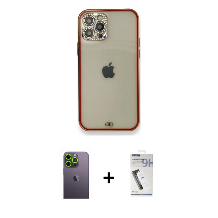 MARSİLYAN™- iPhone 12 Pro Kılıf Eksen Minimal Koleksiyonu - Şeffaf Uv Polymer Nano Ekran Koruyucu + Neon Fosforlu Kamera Lens - YL