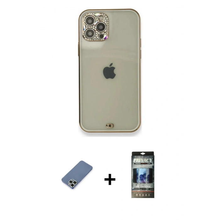 MARSİLYAN™- iPhone 12 Pro Kılıf Eksen Minimal Koleksiyonu - Siyah 34D Hayalet Izgaralı Cam + Açık Yeşil Metal Kamera Lens Koruma Cam
