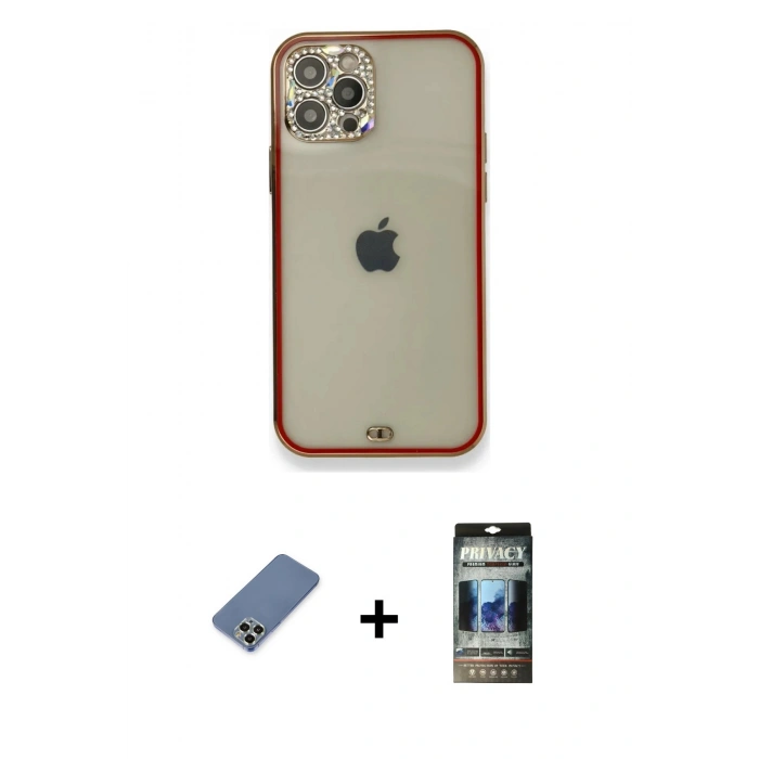 MARSİLYAN™- iPhone 12 Pro Kılıf Eksen Minimal Koleksiyonu - Siyah 34D Hayalet Izgaralı Cam + Açık Yeşil Metal Kamera Lens Koruma Cam