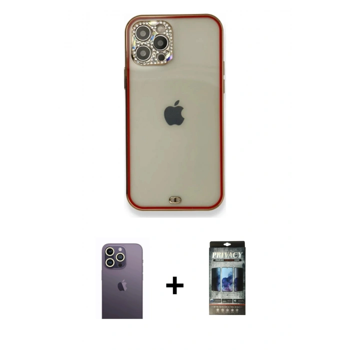 MARSİLYAN™- iPhone 12 Pro Kılıf Eksen Minimal Koleksiyonu - Siyah 34D Hayalet Izgaralı Cam + Neon Fosforlu Kamera Lens - BZ