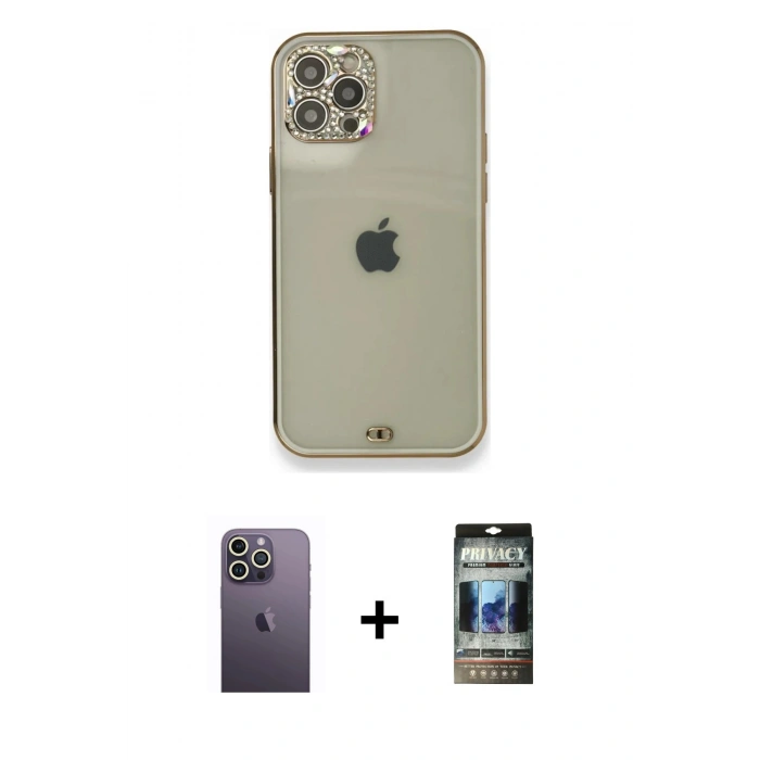 MARSİLYAN™- iPhone 12 Pro Kılıf Eksen Minimal Koleksiyonu - Siyah 34D Hayalet Izgaralı Cam + Neon Fosforlu Kamera Lens - BZ