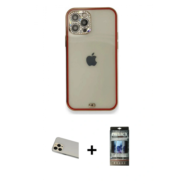 MARSİLYAN™- iPhone 12 Pro Kılıf Eksen Minimal Koleksiyonu - Siyah 34D Hayalet Izgaralı Cam + Gold Rainbow Kamera Lens Koruma Cam