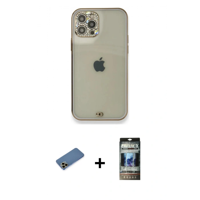 MARSİLYAN™- iPhone 12 Pro Kılıf Eksen Minimal Koleksiyonu - Siyah 34D Hayalet Izgaralı Cam + Shine Kamera Lens Koruma Cam - GD