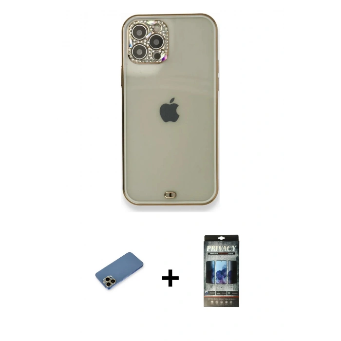 MARSİLYAN™- iPhone 12 Pro Kılıf Eksen Minimal Koleksiyonu - Siyah 34D Hayalet Izgaralı Cam + Shine Kamera Lens Koruma Cam - GD