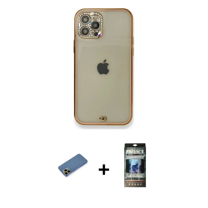 MARSİLYAN™- iPhone 12 Pro Kılıf Eksen Minimal Koleksiyonu - Siyah 34D Hayalet Izgaralı Cam + Shine Kamera Lens Koruma Cam - GD