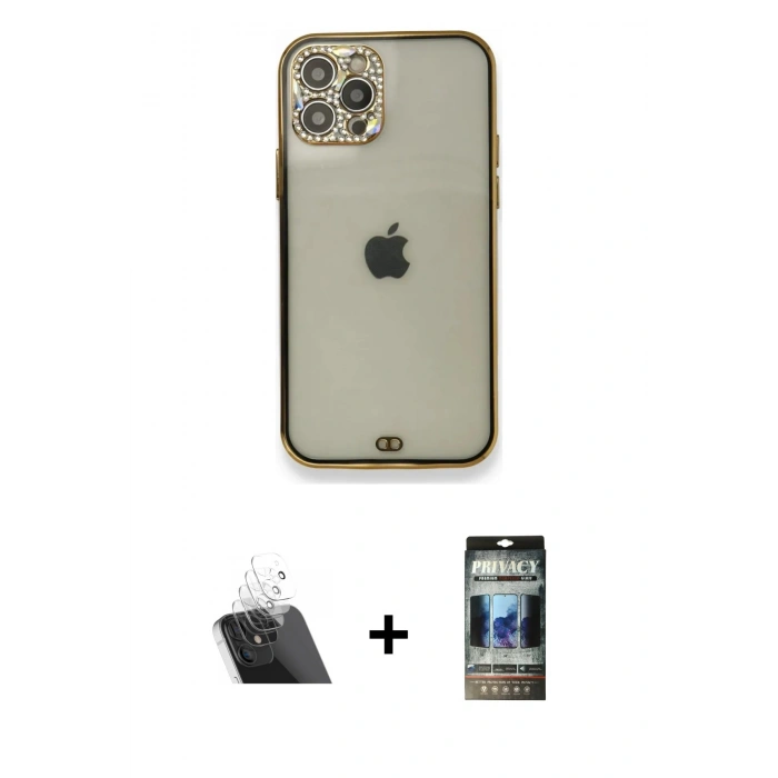 MARSİLYAN™- iPhone 12 Pro Kılıf Eksen Minimal Koleksiyonu - Siyah 34D Hayalet Izgaralı Cam + Kamera Lens Koruma Cam - SF