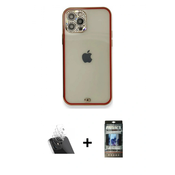 MARSİLYAN™- iPhone 12 Pro Kılıf Eksen Minimal Koleksiyonu - Siyah 34D Hayalet Izgaralı Cam + Kamera Lens Koruma Cam - SF