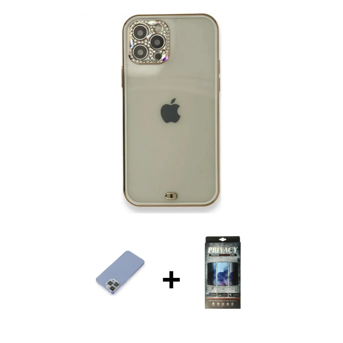 MARSİLYAN™- iPhone 12 Pro Kılıf Eksen Minimal Koleksiyonu - Siyah 34D Hayalet Izgaralı Cam + Metal Kamera Lens Koruma Cam - KUYL