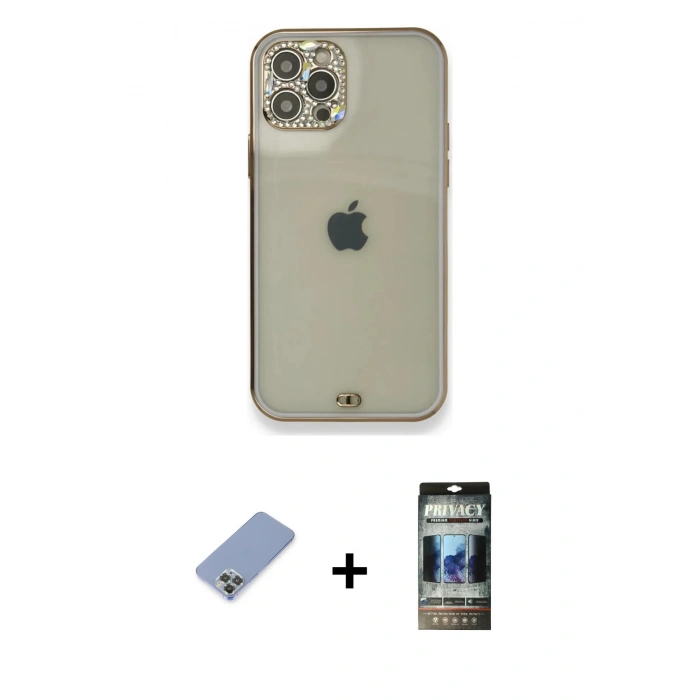 MARSİLYAN™- iPhone 12 Pro Kılıf Eksen Minimal Koleksiyonu - Siyah 34D Hayalet Izgaralı Cam + Metal Kamera Lens Koruma Cam - KUYL