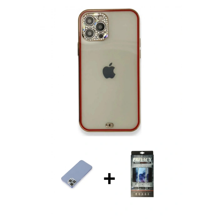 MARSİLYAN™- iPhone 12 Pro Kılıf Eksen Minimal Koleksiyonu - Siyah 34D Hayalet Izgaralı Cam + Metal Kamera Lens Koruma Cam - KUYL