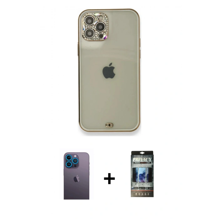 MARSİLYAN™- iPhone 12 Pro Kılıf Eksen Minimal Koleksiyonu - Siyah 34D Hayalet Izgaralı Cam + Neon Fosforlu Kamera Lens - MI