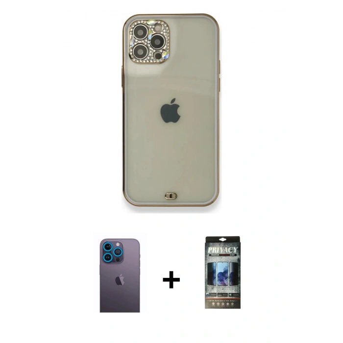 MARSİLYAN™- iPhone 12 Pro Kılıf Eksen Minimal Koleksiyonu - Siyah 34D Hayalet Izgaralı Cam + Neon Fosforlu Kamera Lens - MI