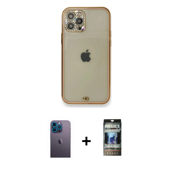 MARSİLYAN™- iPhone 12 Pro Kılıf Eksen Minimal Koleksiyonu - Siyah 34D Hayalet Izgaralı Cam + Neon Fosforlu Kamera Lens - MI