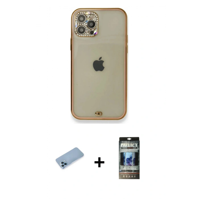 MARSİLYAN™- iPhone 12 Pro Kılıf Eksen Minimal Koleksiyonu - Siyah 34D Hayalet Izgaralı Cam + Shine Kamera Lens Koruma Cam - MI