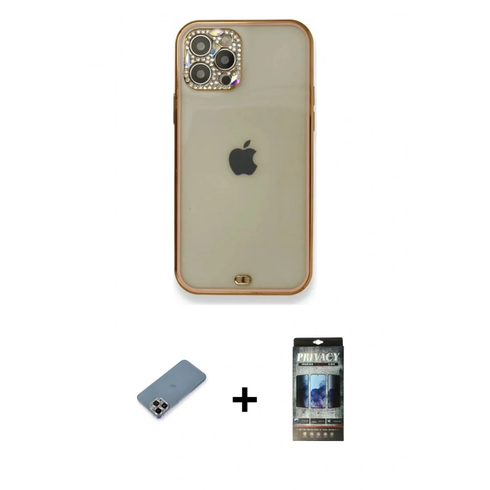 MARSİLYAN™- iPhone 12 Pro Kılıf Eksen Minimal Koleksiyonu - Siyah 34D Hayalet Izgaralı Cam + Metal Kamera Lens Koruma Cam - MR