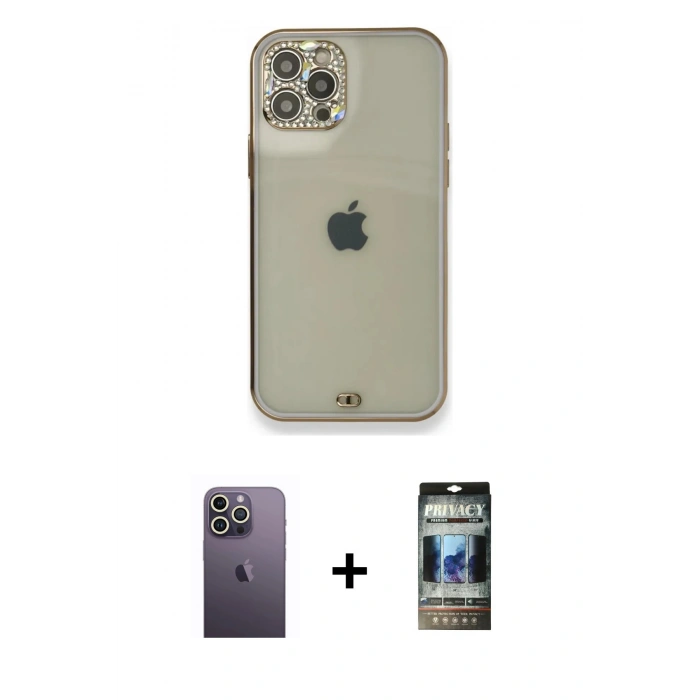 MARSİLYAN™- iPhone 12 Pro Kılıf Eksen Minimal Koleksiyonu - Siyah 34D Hayalet Izgaralı Cam + Neon Fosforlu Kamera Lens - BZ