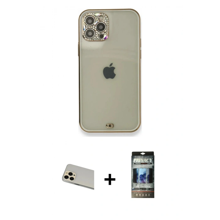 MARSİLYAN™- iPhone 12 Pro Kılıf Eksen Minimal Koleksiyonu - Siyah 34D Hayalet Izgaralı Cam + Rainbow Kamera Lens Koruma Cam - GD