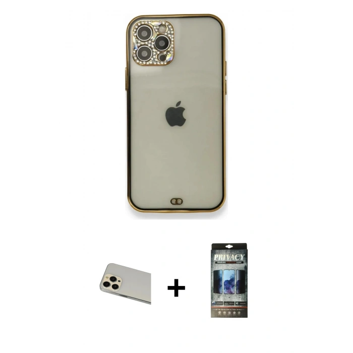 MARSİLYAN™- iPhone 12 Pro Kılıf Eksen Minimal Koleksiyonu - Siyah 34D Hayalet Izgaralı Cam + Rainbow Kamera Lens Koruma Cam - GD