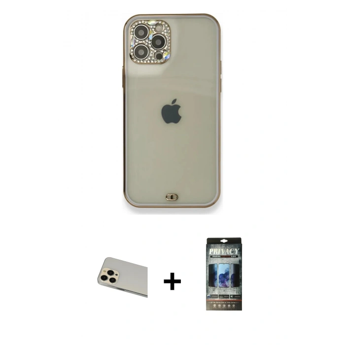 MARSİLYAN™- iPhone 12 Pro Kılıf Eksen Minimal Koleksiyonu - Siyah 34D Hayalet Izgaralı Cam + Rainbow Kamera Lens Koruma Cam - GD