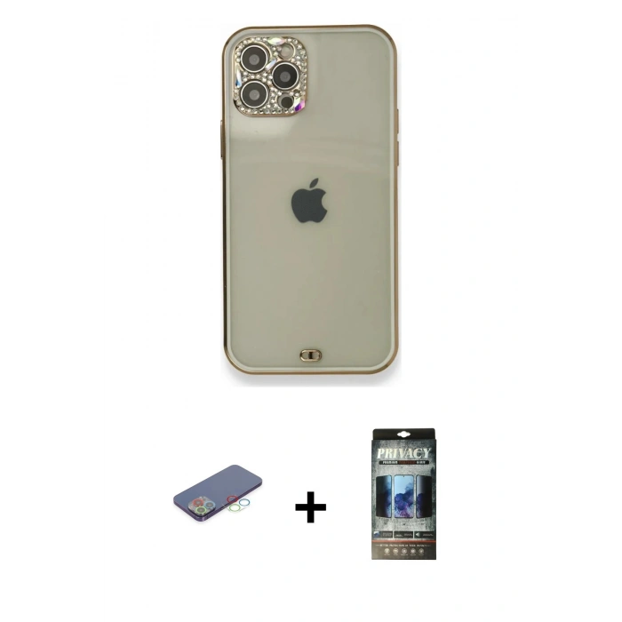 MARSİLYAN™- iPhone 12 Pro Kılıf Eksen Minimal Koleksiyonu - Siyah 34D Hayalet Izgaralı Cam + Renkli Kamera Lens Koruma Cam - MI