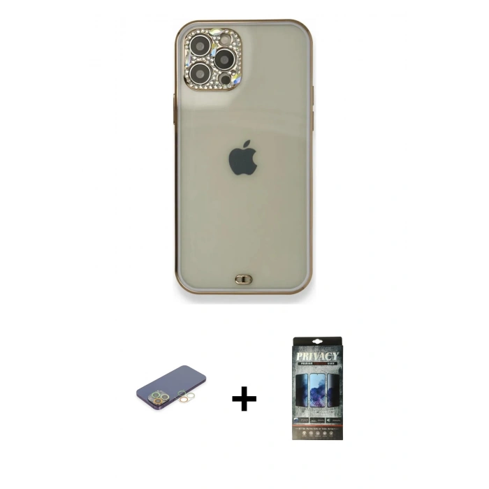 MARSİLYAN™- iPhone 12 Pro Kılıf Eksen Minimal Koleksiyonu - Siyah 34D Hayalet Izgaralı Cam + Renkli Kamera Lens Koruma Cam - SI