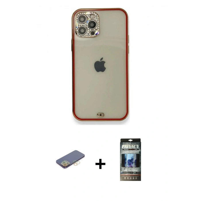 MARSİLYAN™- iPhone 12 Pro Kılıf Eksen Minimal Koleksiyonu - Siyah 34D Hayalet Izgaralı Cam + Renkli Kamera Lens Koruma Cam - SI