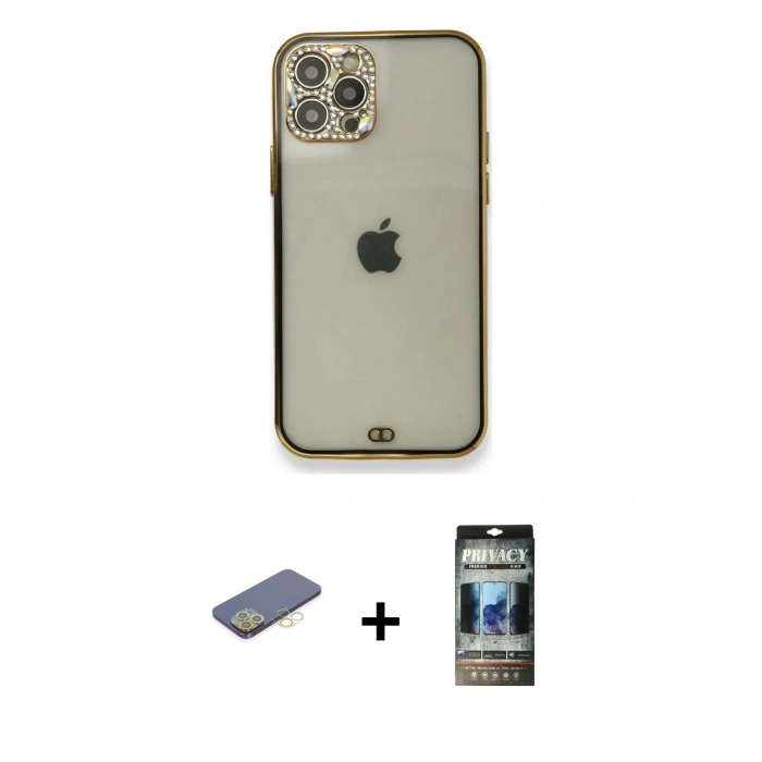 MARSİLYAN™- iPhone 12 Pro Kılıf Eksen Minimal Koleksiyonu - Siyah 34D Hayalet Izgaralı Cam + Renkli Kamera Lens Koruma Cam - SI