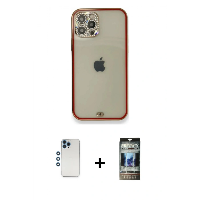 MARSİLYAN™- iPhone 12 Pro Kılıf Eksen Minimal Koleksiyonu - Siyah 34D Hayalet Izgaralı Cam + Shine Kamera Lens - MI