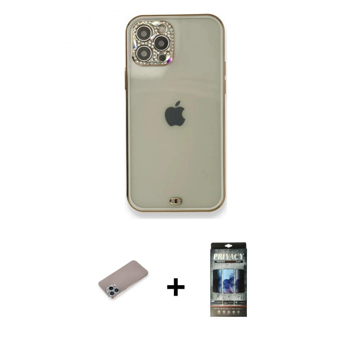 MARSİLYAN™- iPhone 12 Pro Kılıf Eksen Minimal Koleksiyonu - Siyah 34D Hayalet Izgaralı Cam + Shine Kamera Lens Koruma Cam - SABE