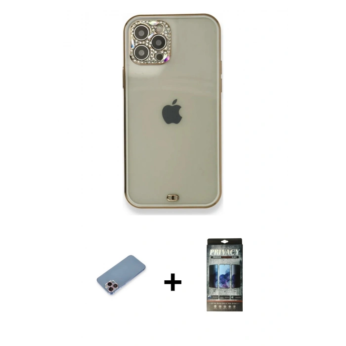 MARSİLYAN™- iPhone 12 Pro Kılıf Eksen Minimal Koleksiyonu - Siyah 34D Hayalet Izgaralı Cam + Shine Kamera Lens Koruma Cam - PE