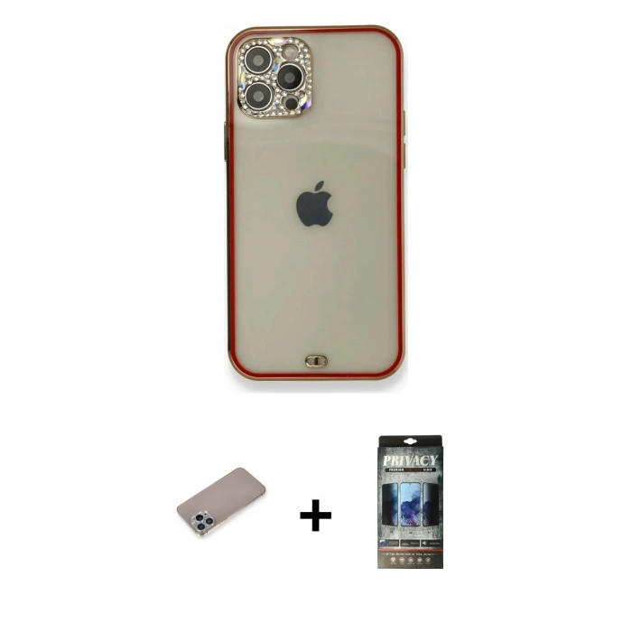 MARSİLYAN™- iPhone 12 Pro Kılıf Eksen Minimal Koleksiyonu - Siyah 34D Hayalet Izgaralı Cam + Shine Kamera Lens Koruma Cam - SABE