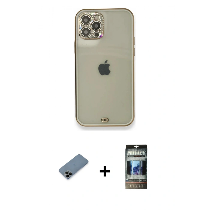 MARSİLYAN™- iPhone 12 Pro Kılıf Eksen Minimal Koleksiyonu - Siyah 34D Hayalet Izgaralı Cam + Shine Kamera Lens Koruma Cam - SH