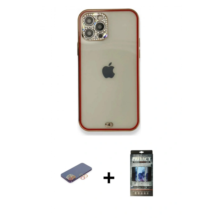 MARSİLYAN™- iPhone 12 Pro Kılıf Eksen Minimal Koleksiyonu - Siyah 34D Hayalet Izgaralı Cam + Renkli Kamera Lens Koruma Cam - TU
