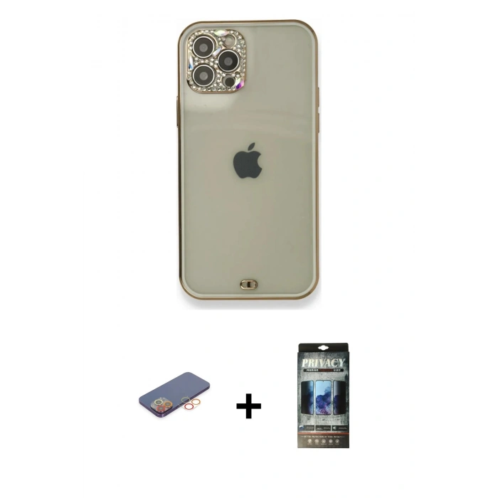 MARSİLYAN™- iPhone 12 Pro Kılıf Eksen Minimal Koleksiyonu - Siyah 34D Hayalet Izgaralı Cam + Renkli Kamera Lens Koruma Cam - TU