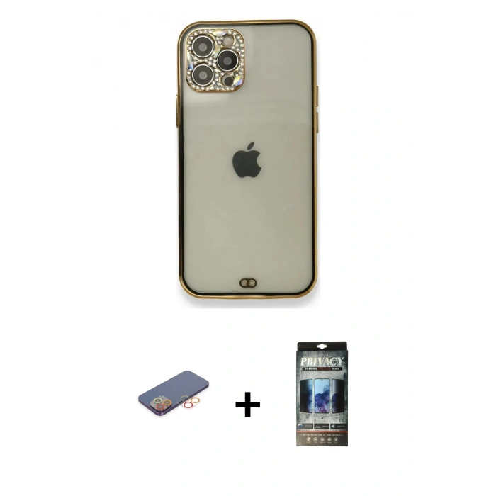 MARSİLYAN™- iPhone 12 Pro Kılıf Eksen Minimal Koleksiyonu - Siyah 34D Hayalet Izgaralı Cam + Renkli Kamera Lens Koruma Cam - TU